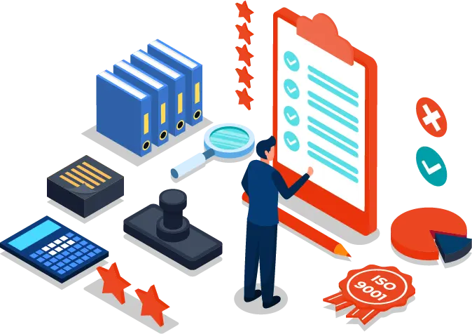 Illustration of a woman holding a laptop pointing at a pie chart with people icons around it, representing management and leadership skills