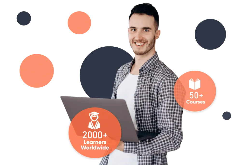 Smiling young man holding a laptop, surrounded by orange and dark blue circles