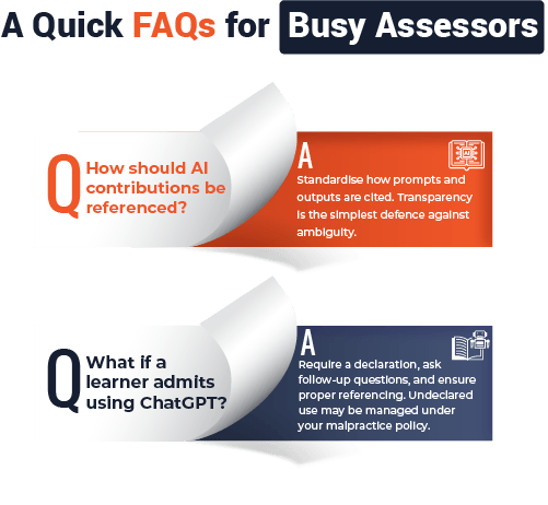 FAQs for busy assessors to integrate AI in teaching. How AI should be referenced, and learners should declare the use of ChatGPT in the assignment.