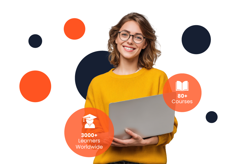 Smiling young man holding a laptop, surrounded by orange and dark blue circles