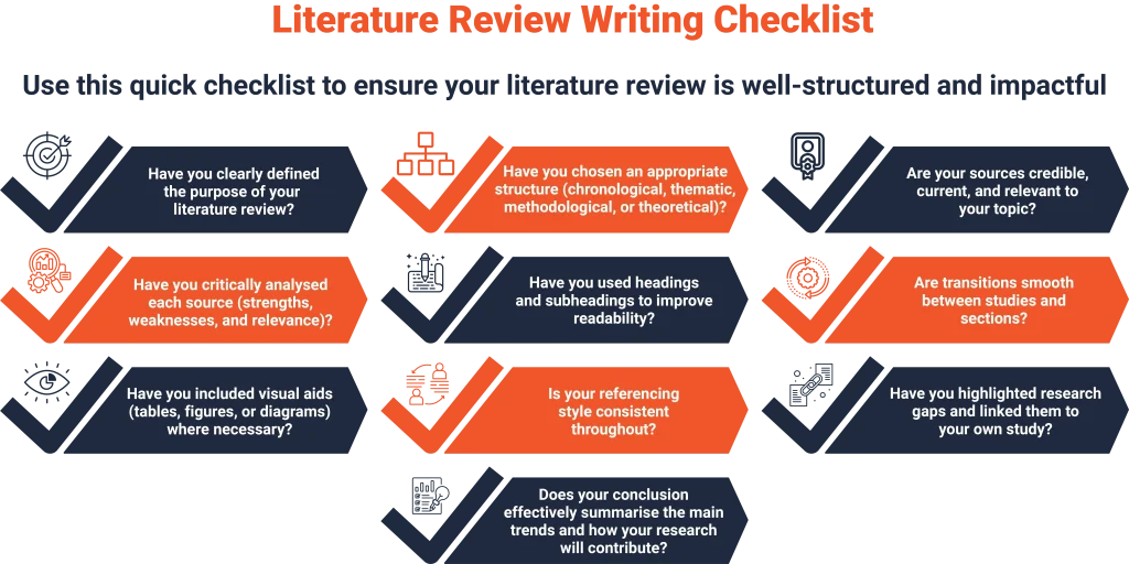 Checklist for writing a good literature review. A quick checklist to ensure your literature review is well structured and impactful.